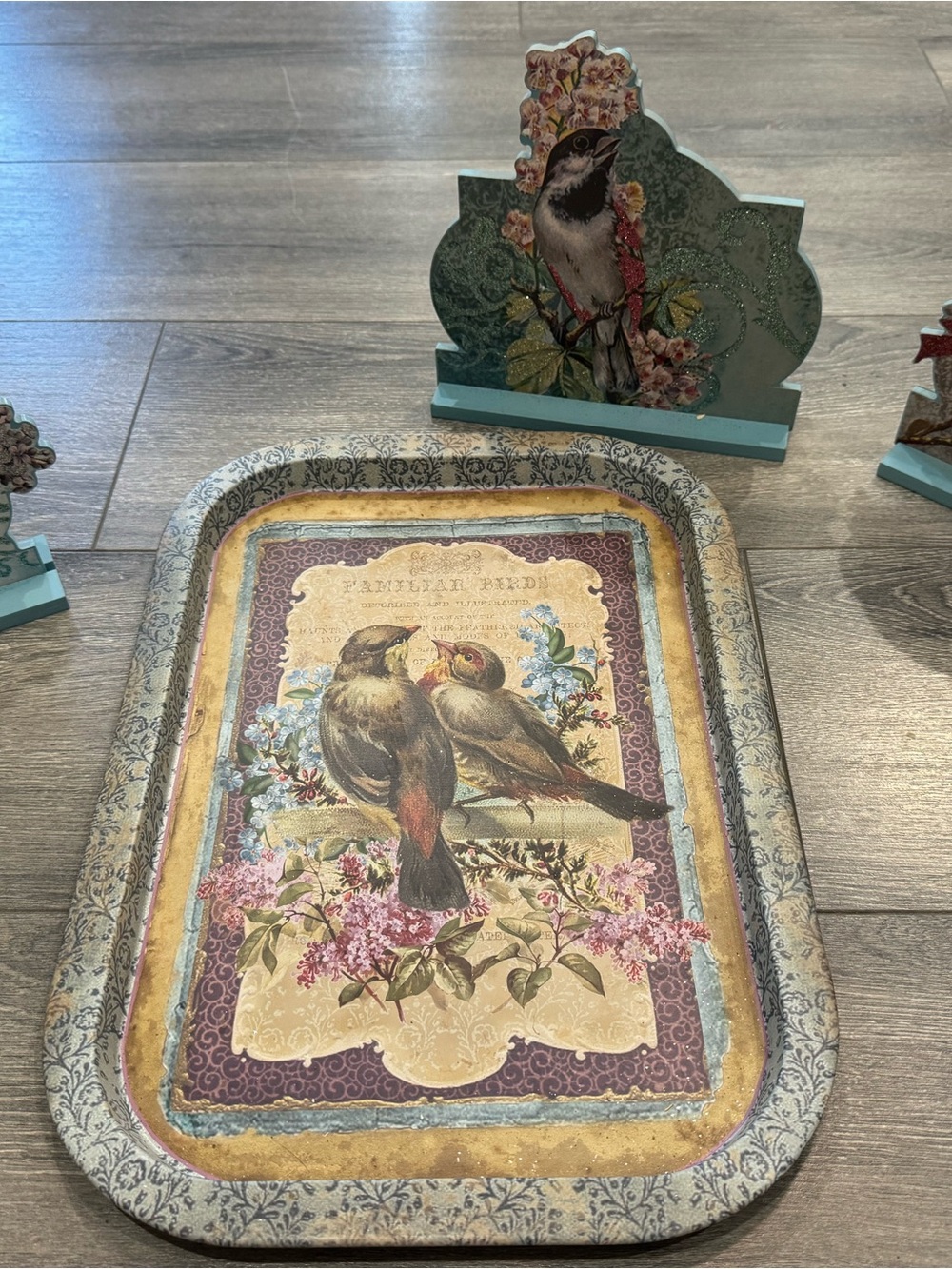 Vintage-Style Bird Decorative Tray in Blue and Gold & decor
